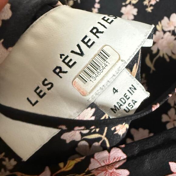 Les Reveries Black Floral Printed Short Sleeve A-Line Silk Midi Dress Size 4 - Picture 12 of 14